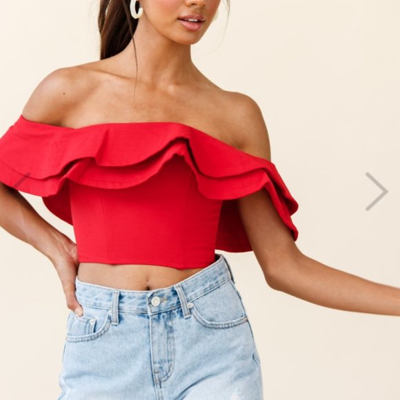 SELFIE LESLIE/ red ruffle crop top S - Picture 4 of 6
